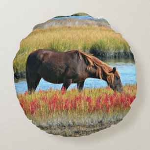 Wildes Pferd, das auf dem Feld isst Rundes Kissen