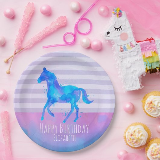 Wildes Pferd in Blau und Lila Wasserfarbe Geburtst Pappteller (Party)