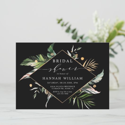 Wildes tropisches Blattschwarzes Brautparty Einladung (Stehend Vorderseite)
