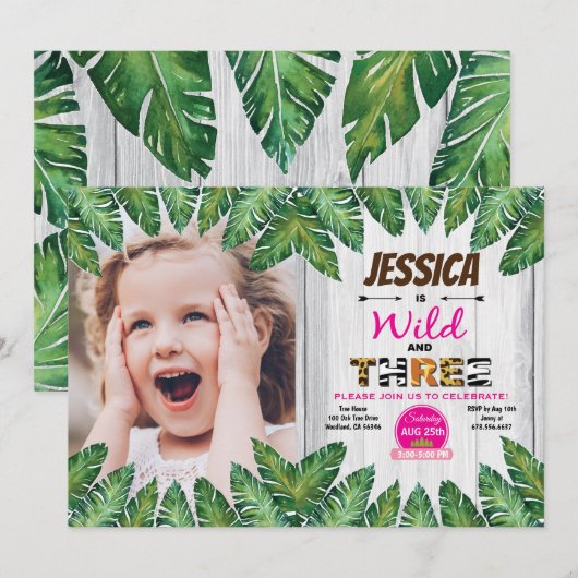 Wildes und kostenloses 3. Geburtstag Party Foto Einladung (Vorne/Hinten)