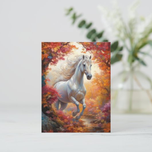 Wildes Weißes Pferd Galopp im Herbst Postkarte (Stehend Vorderseite)