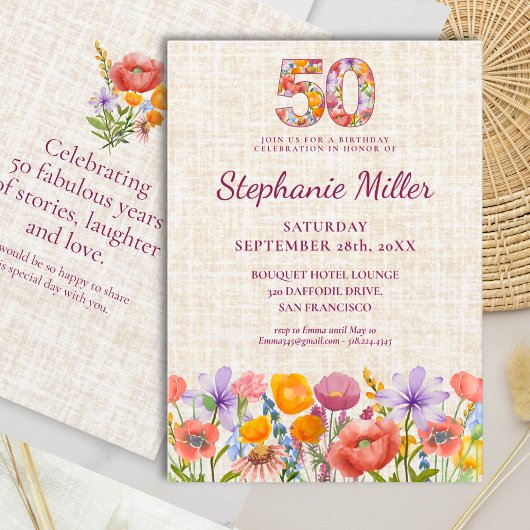 Wildflower 50th Birthday - Floral Number Einladung