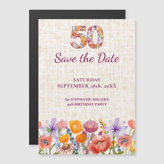 Wildflower 50th Birthday Save the Date Magneteinladung (Vorne/Hinten)