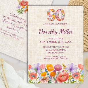 Wildflower 90. Geburtstag - Florale Zahl Party Einladung