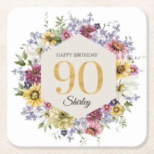 Wildflower 90. Geburtstag Personalisiert Rechteckiger Pappuntersetzer