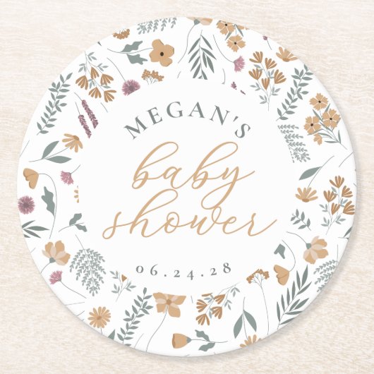Wildflower Baby Shower Coasters - Orange Runder Pappuntersetzer (Vorderseite)