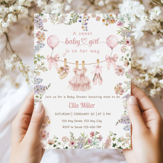 Wildflower Baby Shower Invitation, Pink Bow Floral Einladung