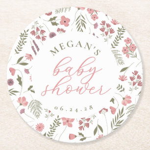 Wildflower-Baby-Shower-Untersetzer - Rosa Runder Pappuntersetzer
