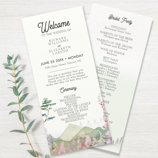 Wildflower-Berg Wasserfarben-Hochzeit Programm