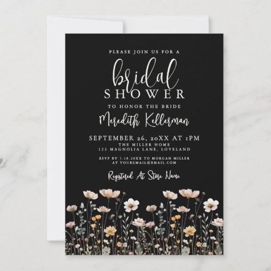 Wildflower Black Elegant Bridal Shower Einladung (Vorderseite)