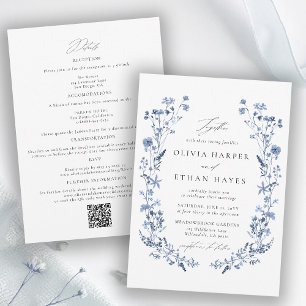 Wildflower Blaue Blumen Garten QR-Code Hochzeit Einladung
