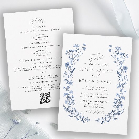 Wildflower Blaue Blumen Garten QR-Code Hochzeit Einladung