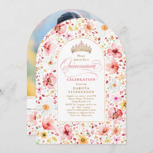 Wildflower Blush Floral Garden Quinceanera Photo Einladung (Vorne/Hinten)
