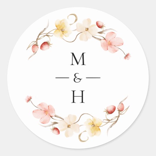 Wildflower Blush Floral Monogram Wedding Favor Runder Aufkleber (Vorderseite)
