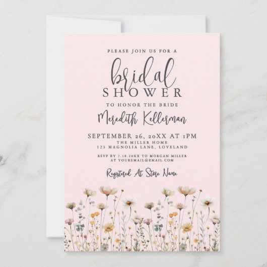 Wildflower Blush Pink Bridal Shower Einladung (Vorderseite)
