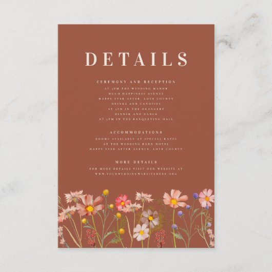 Wildflower Boho Fall Terracotta Wedding Details Begleitkarte (Vorderseite)