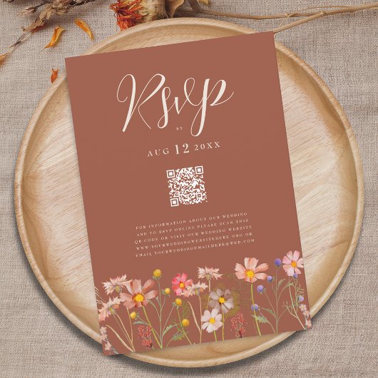 Wildflower Boho Herbst Terrakotta Hochzeit Qr Code RSVP Karte
