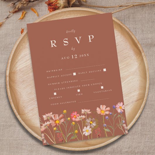 Wildflower Boho Terracotta Meal Option Wedding RSVP Karte
