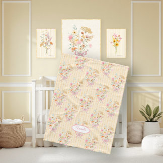 Wildflower Bouquet Floral Ribbon Striped Name Girl Fleecedecke