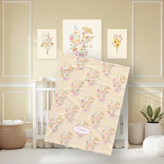 Wildflower Bouquet Floral Ribbon Striped Name Girl Fleecedecke