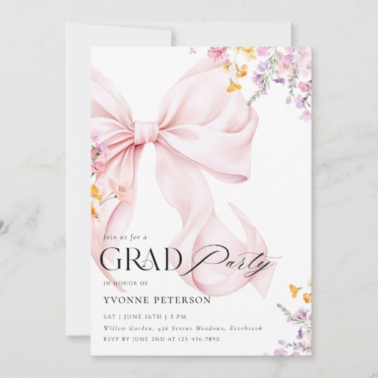 Wildflower & Bow Graduation Invitation Einladung (Vorderseite)