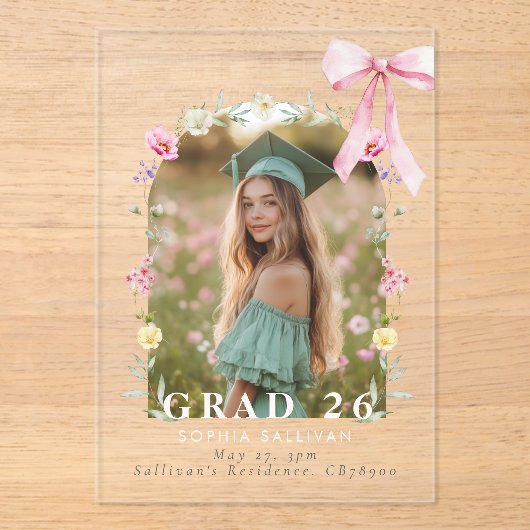 Wildflower Bow Graduation party Photo Collage Acryleinladungen (Vorderseite)