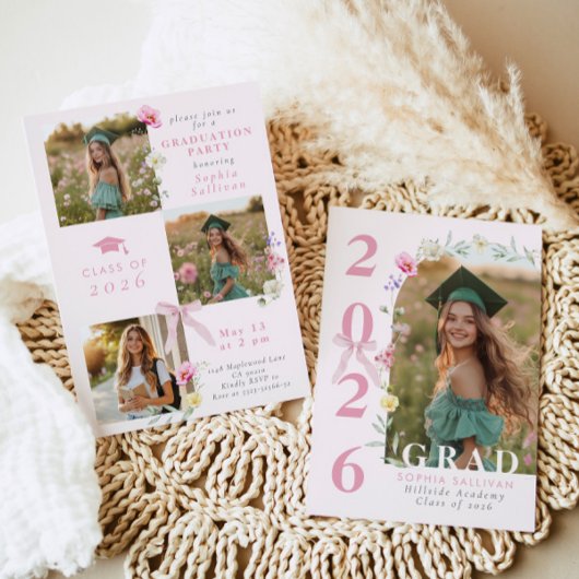 Wildflower Bow Graduation party Photo Collage Einladung