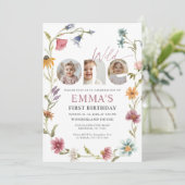 Wildflower First Birthday Photo Invitation Einladung (Stehend Vorderseite)