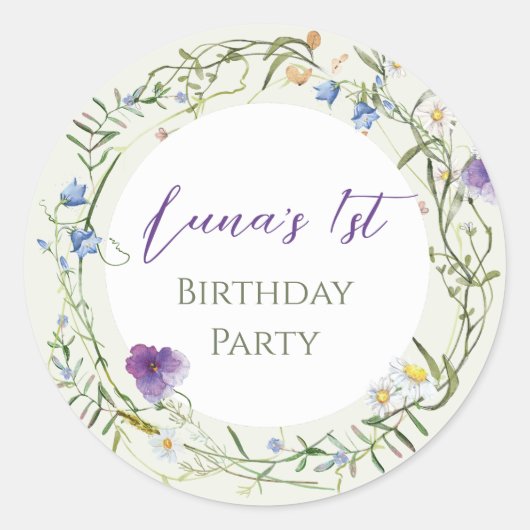 Wildflower First Birthday Runder Aufkleber (Vorderseite)