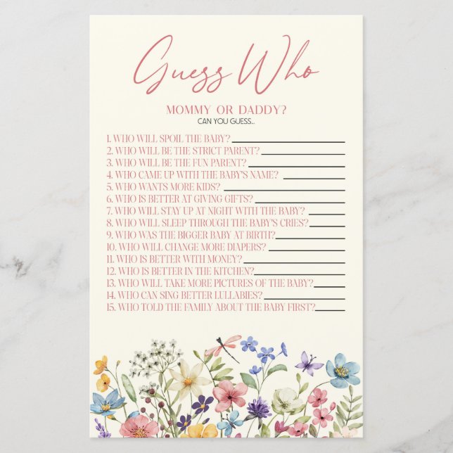 Wildflower Floral Guess Who Baby Shower Game (Vorderseite)