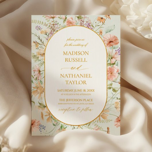 Wildflower Floral Meadow Gold Frame Wedding Einladung