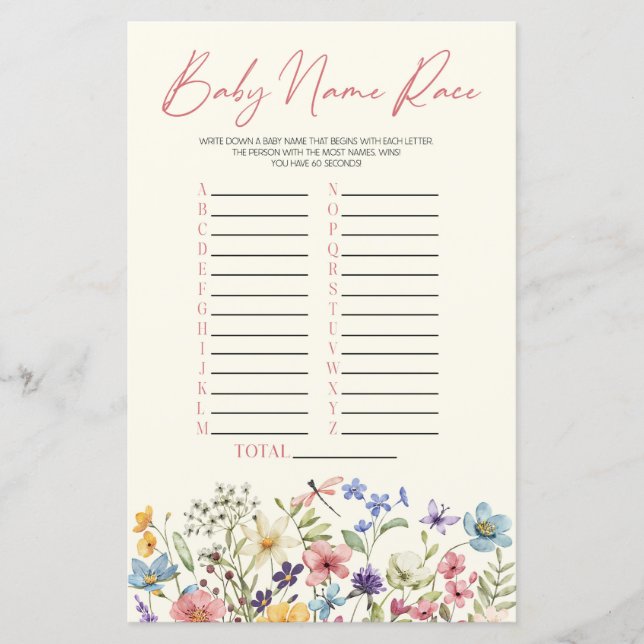 Wildflower Floral Name Race Baby Shower Game (Vorderseite)