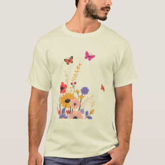 Wildflower Garden & Butterflies Folk Art  T-Shirt