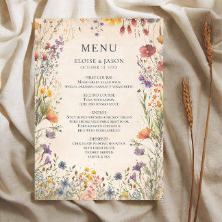 Wildflower Garden Chic Wedding Menu Menükarte