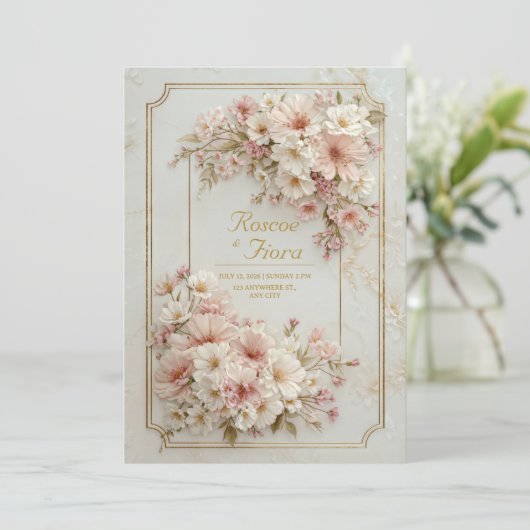 Wildflower Gilded Ticket Frame Wedding Einladung (Stehend Vorderseite)