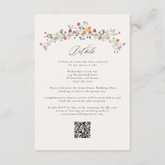 Wildflower Grace Elegant QR Code Wedding Details Begleitkarte (Vorderseite)
