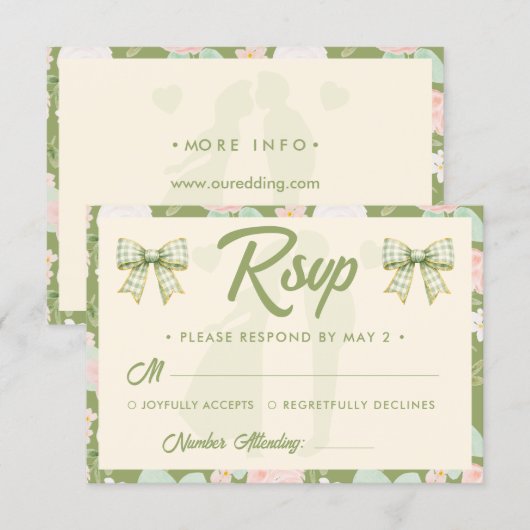 Wildflower-Grün-Gingham-Bogen-QR-Code-Hochzeit RSVP Karte (Vorne/Hinten)