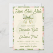 Wildflower-Grün-Gingham-Schleife-Foto-Hochzeit Save The Date (Vorderseite)