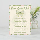 Wildflower-Grün-Gingham-Schleife-Foto-Hochzeit Save The Date (Stehend Vorderseite)