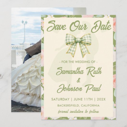 Wildflower-Grün-Gingham-Schleife-Foto-Hochzeit Save The Date (Vorne/Hinten)
