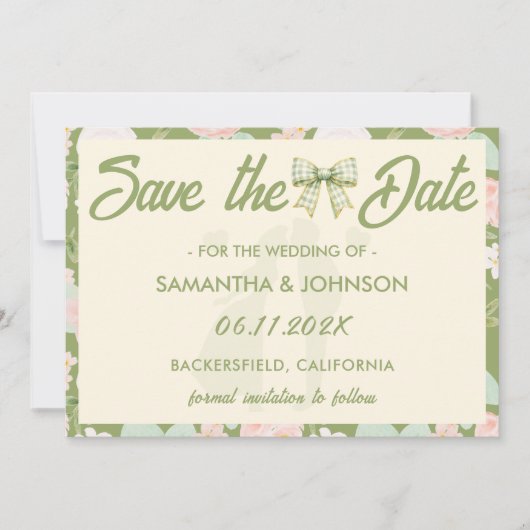 Wildflower-Grün-Gingham-Schleife Hochzeit Save The Date (Vorderseite)