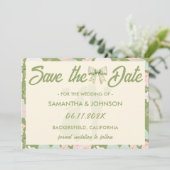 Wildflower-Grün-Gingham-Schleife Hochzeit Save The Date (Stehend Vorderseite)