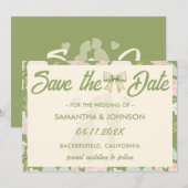 Wildflower-Grün-Gingham-Schleife Hochzeit Save The Date (Vorne/Hinten)