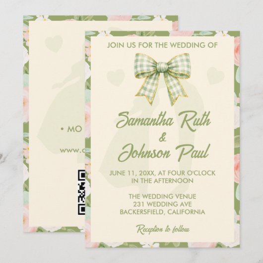 Wildflower-Grün-Gingham-Schleife QR-Code-Hochzeit Einladung (Vorne/Hinten)