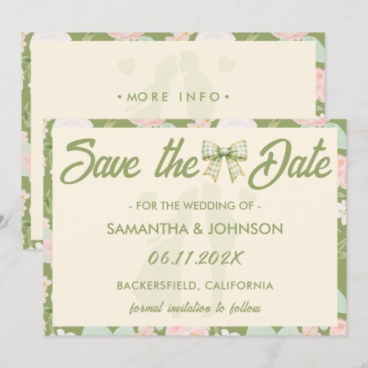 Wildflower-Grün-Gingham-Schleife-QR-Code-Hochzeit Save The Date (Vorne/Hinten)