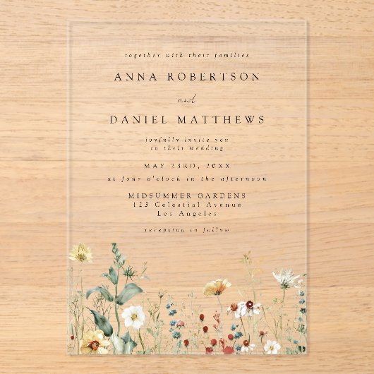Wildflower-Hochzeit Acryleinladungen (Vorderseite)