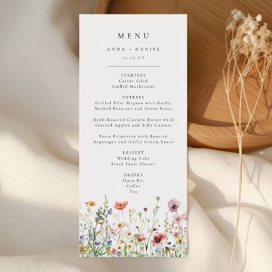 Wildflower-Hochzeitsmenü Menükarte