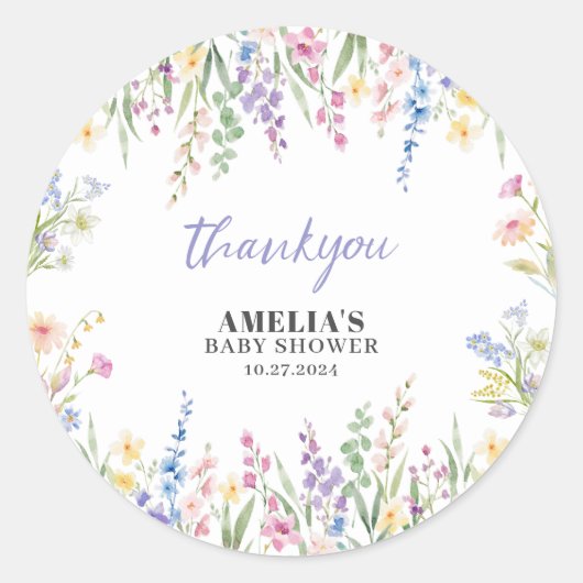 Wildflower Is On The Way Pastel Floral Baby Shower Runder Aufkleber (Vorderseite)