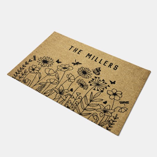 Wildflower Line Art Personalized Welcome Custom Fußmatte (Schrägansicht)
