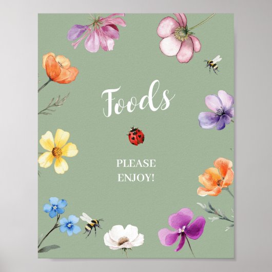 Wildflower Lovebug Baby Shower Essen Party Schild (Vorne)